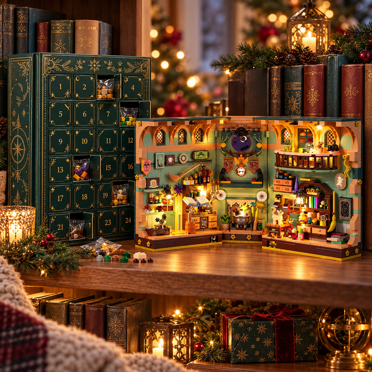 Adventa book nook advent calendar glowing on a shelf