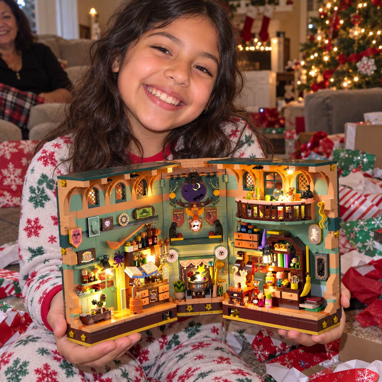 Rosa's daughter showing finished nook on Christmas morning